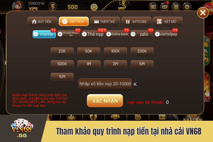 Tham khảo quy trình nạp tiền tại nhà cái VN68