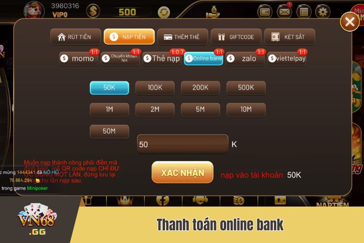 Hướng dẫn thao tác VN68 nạp tiền bằng online bank