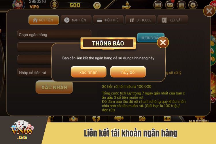 Thực hiện liên kết tài khoản ngân hàng VN68 