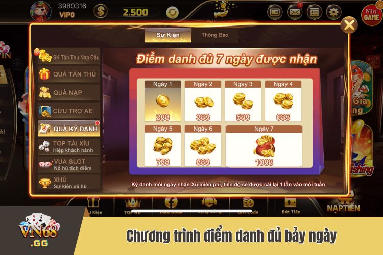 Chương trình điểm danh đủ bảy ngày dành cho cược thủ VN68