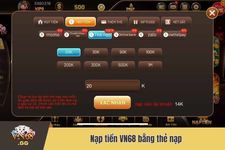 VN68 nạp tiền bằng thẻ cào điện thoại